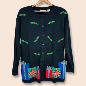 VTG Bechamel Christmas Cardigan Holiday Sweater Sz L Black 3D Presents Holly‎